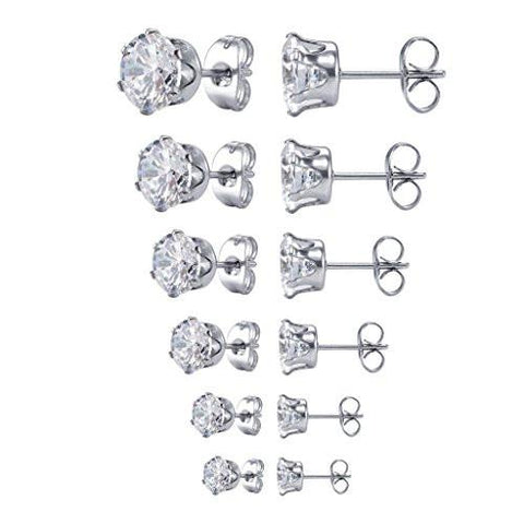 Jstyle Jewelry Women\'s Stainless Steel Round Clear Cubic Zirconia Stud Earring (6 Pairs)  - T