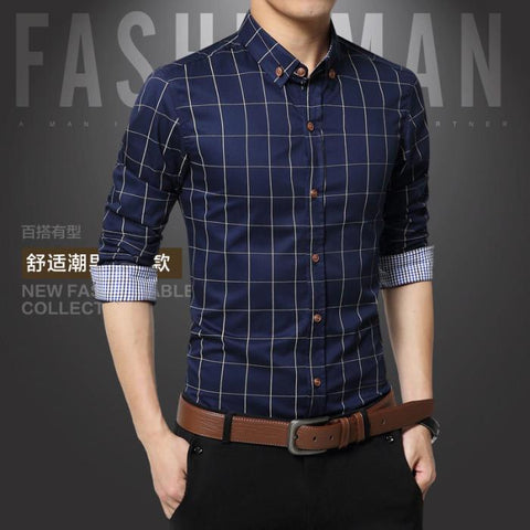 Hot Sale New Brand Men Shirts Long Sleeve Casual Male Dress Shirts Solid White/Dark Blue Slim Fit Clothes Free Shipping  - T