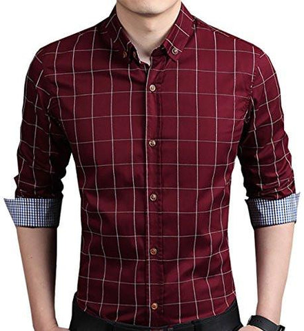 localmode Men\'s 100% Cotton Long Sleeve Plaid Slim Fit Button Down Dress Shirt  - T