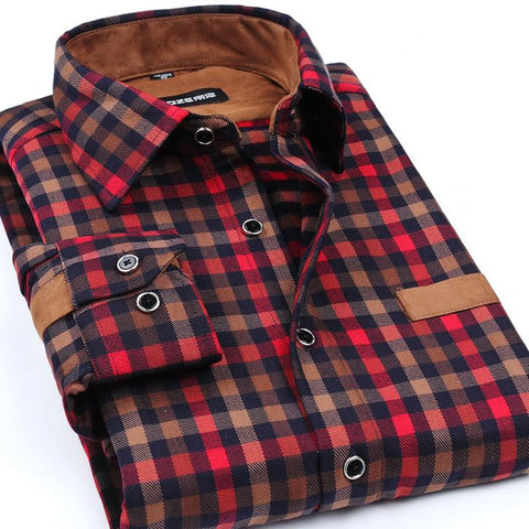 Port&Lotus Men Shirt Long Sleeve Plaid Patchwork Asian size Casual Thicken Shirts camisa masculina chemise homme148 men clothing  - T