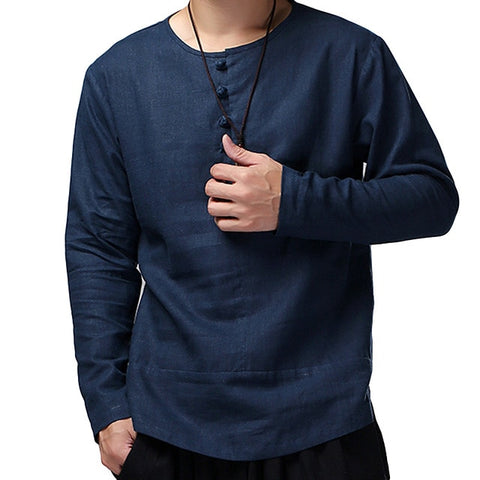 High Quality Cotton Linen Shirts Men Dress Long Sleeve Crew-Neck White Casual Shirt Camisa Masculina Autumn Plus Size 3XL  - T